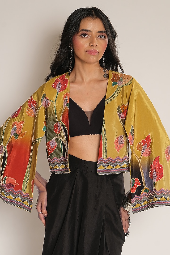 Mustard Yellow Viscose Crepe Embroidered Cape by Esha L Amin at Pernia's Pop Up Shop