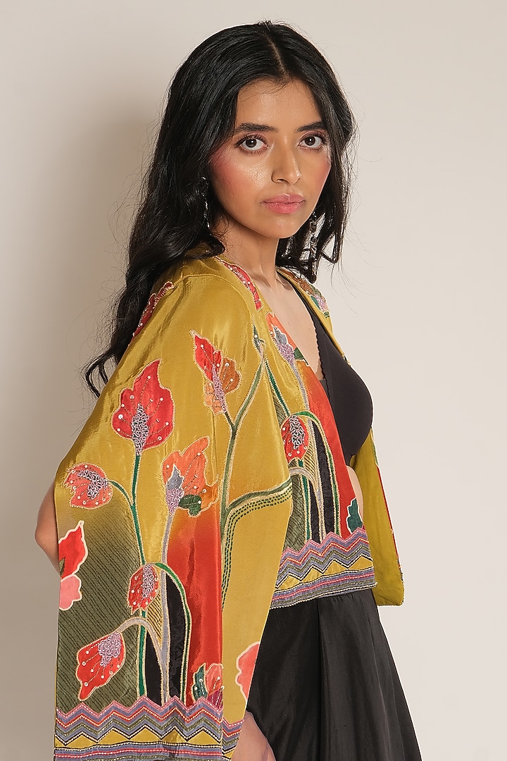 Mustard Yellow Viscose Crepe Embroidered Cape by Esha L Amin at Pernia's Pop Up Shop