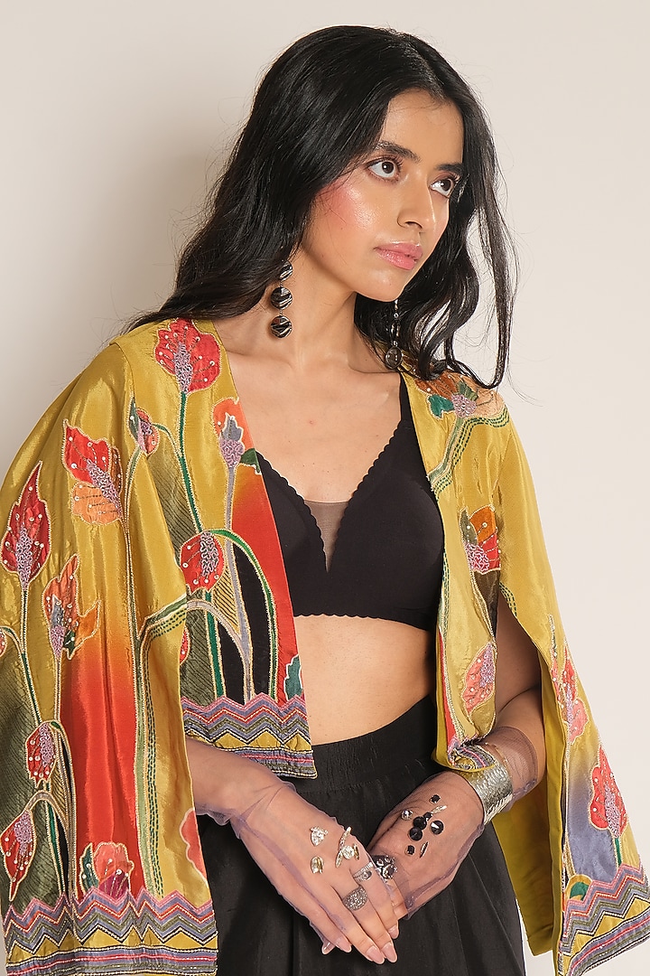 Mustard Yellow Viscose Crepe Embroidered Cape by Esha L Amin at Pernia's Pop Up Shop