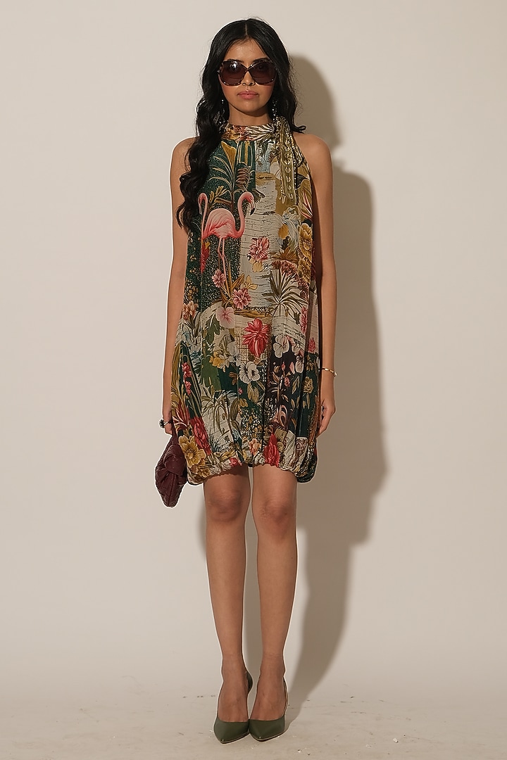 Multi Coloured Viscose Crepe Tropical Printed Halter Vacation Dress by Esha L Amin at Pernia's Pop Up Shop