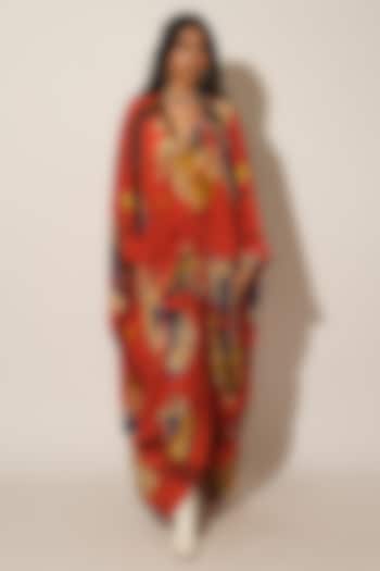 Red Viscose Crepe Abstract Printed Kaftan by Esha L Amin at Pernia's Pop Up Shop