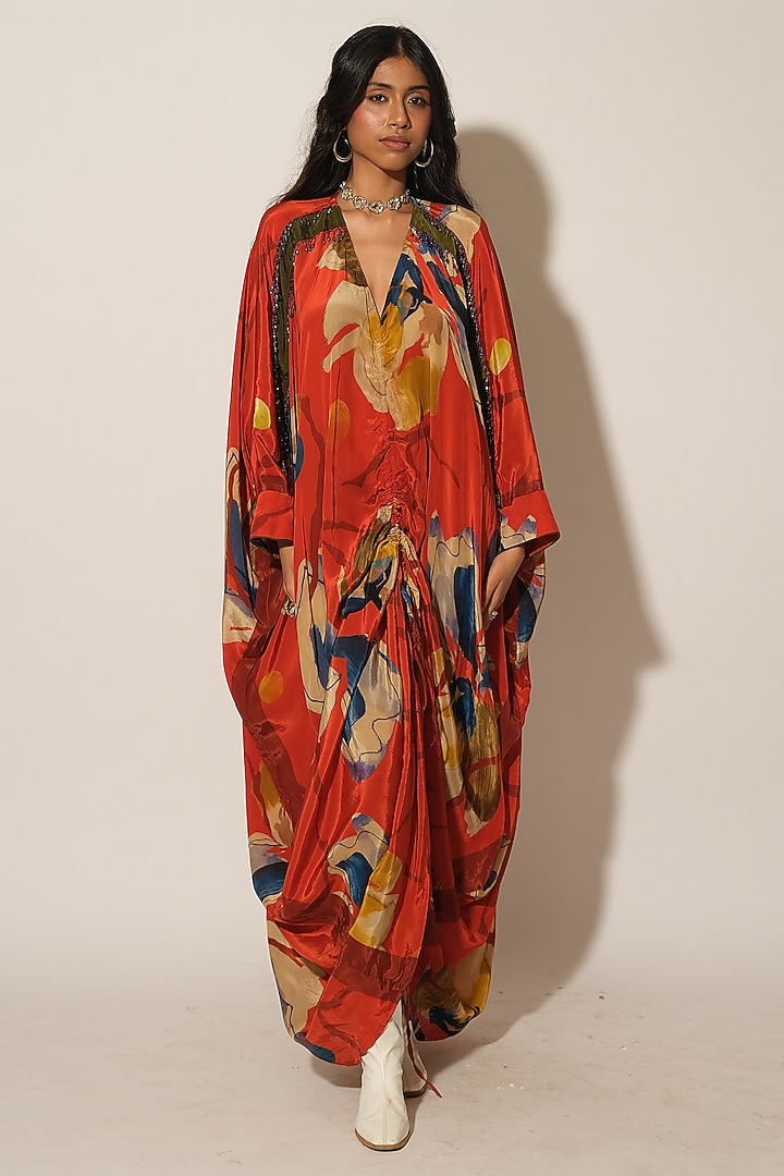 Red Viscose Crepe Abstract Printed Kaftan by Esha L Amin at Pernia's Pop Up Shop