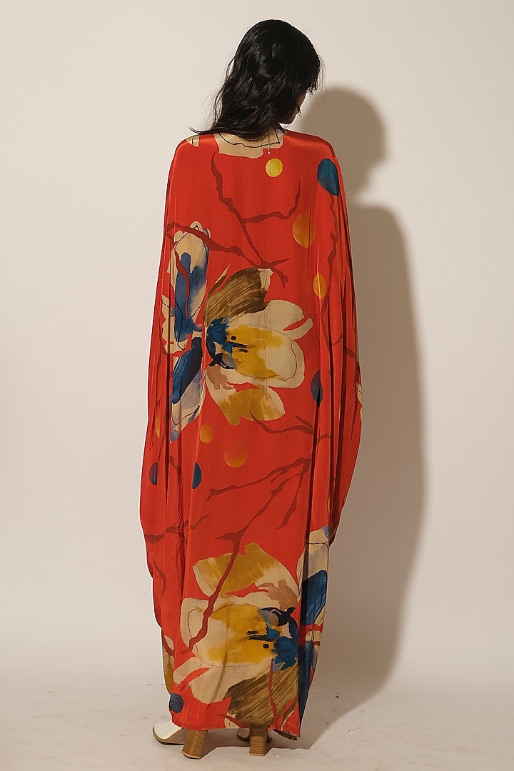 Red Viscose Crepe Abstract Printed Kaftan by Esha L Amin at Pernia's Pop Up Shop