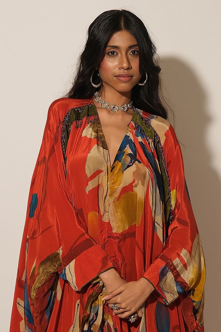 Red Viscose Crepe Abstract Printed Kaftan by Esha L Amin at Pernia's Pop Up Shop