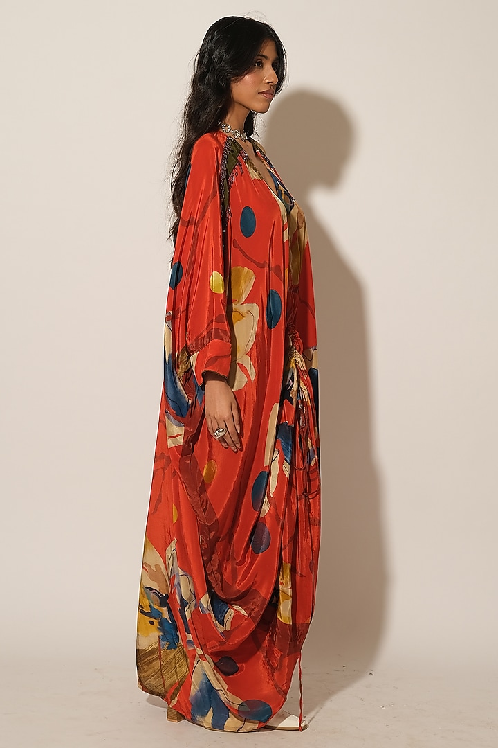 Red Viscose Crepe Abstract Printed Kaftan by Esha L Amin at Pernia's Pop Up Shop
