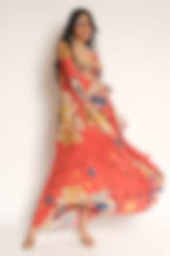Red Viscose Crepe Floral Printed Cape by Esha L Amin at Pernia's Pop Up Shop