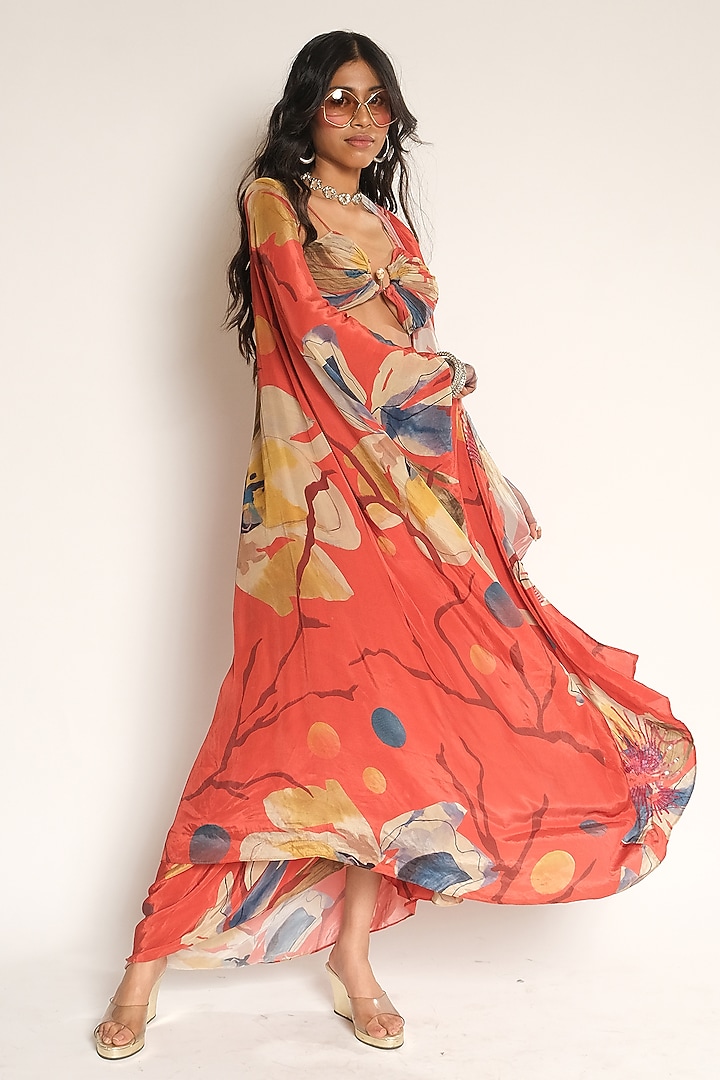 Red Viscose Crepe Floral Printed Cape by Esha L Amin at Pernia's Pop Up Shop