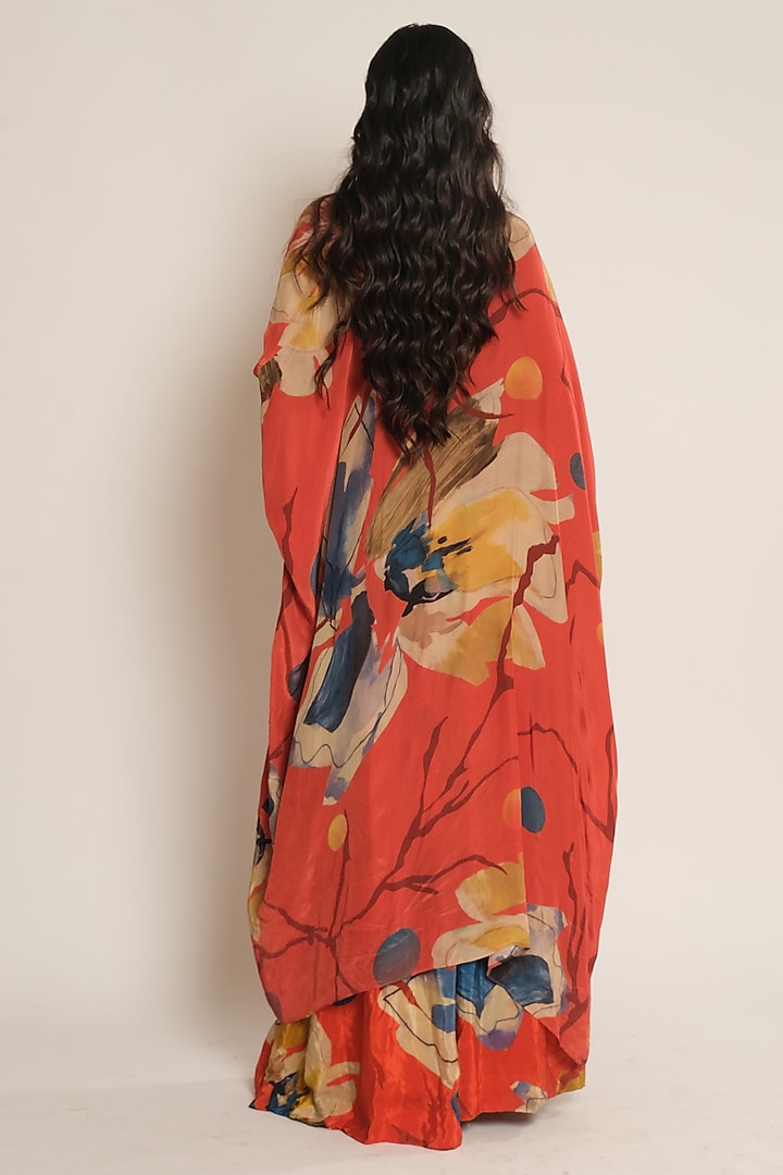 Red Viscose Crepe Floral Printed Cape by Esha L Amin at Pernia's Pop Up Shop