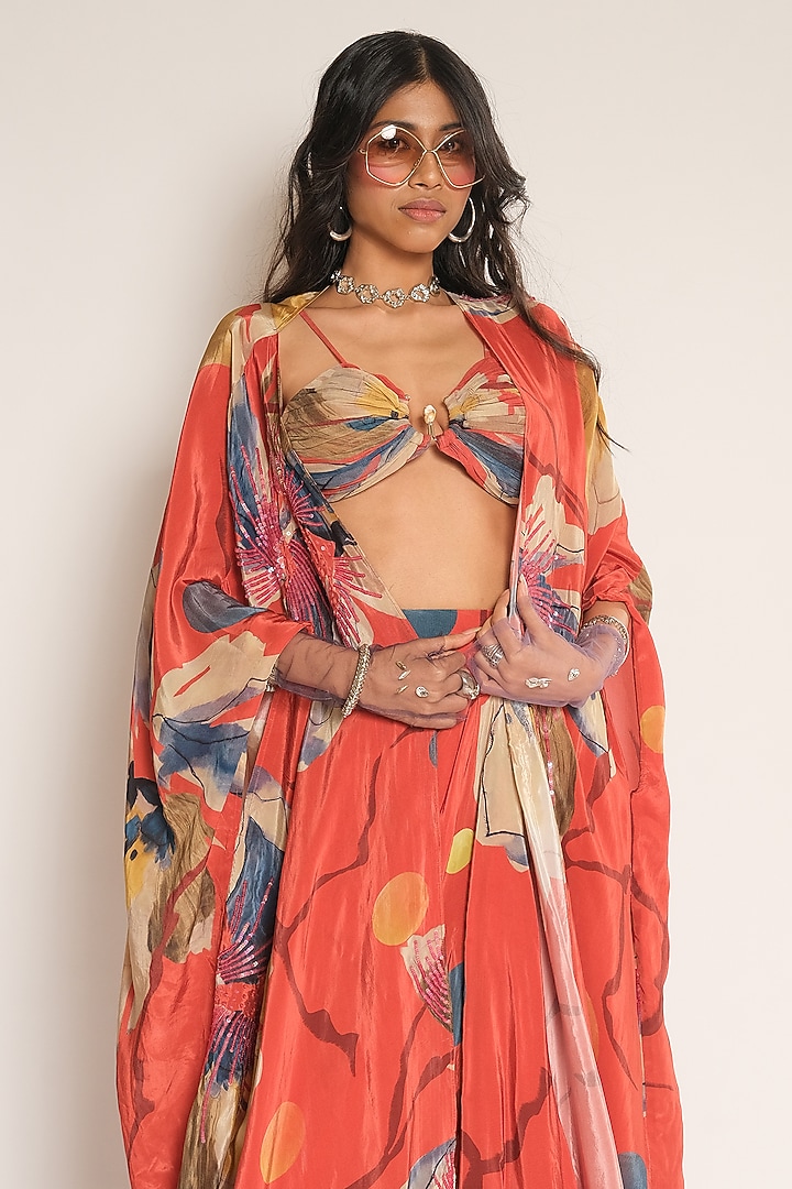 Red Viscose Crepe Floral Printed Cape by Esha L Amin at Pernia's Pop Up Shop