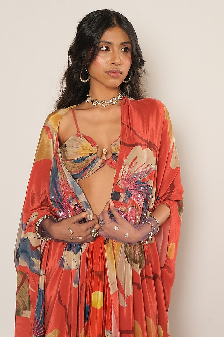 Red Viscose Crepe Floral Printed Cape by Esha L Amin at Pernia's Pop Up Shop