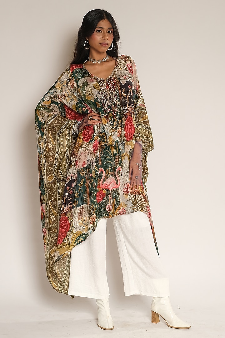 Multi Coloured Viscose Crepe Flamingo Kaftan by Esha L Amin at Pernia's Pop Up Shop