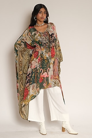 Multi Coloured Viscose Crepe Flamingo Kaftan by Esha L Amin