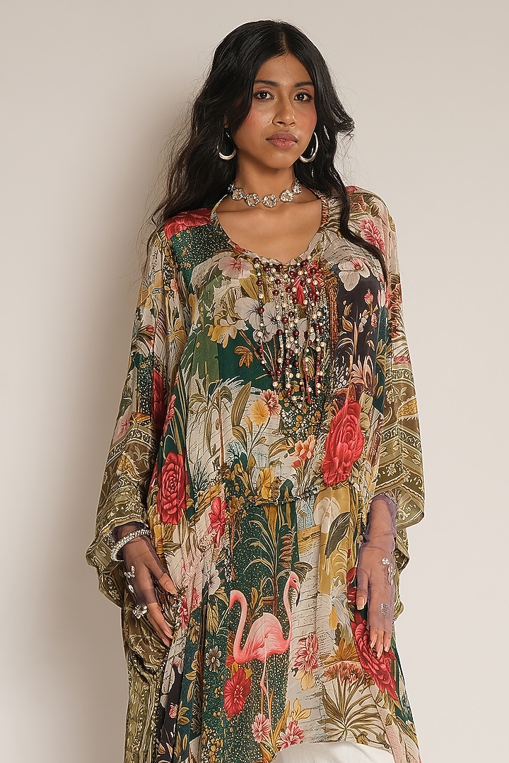 Multi Coloured Viscose Crepe Flamingo Kaftan by Esha L Amin at Pernia's Pop Up Shop