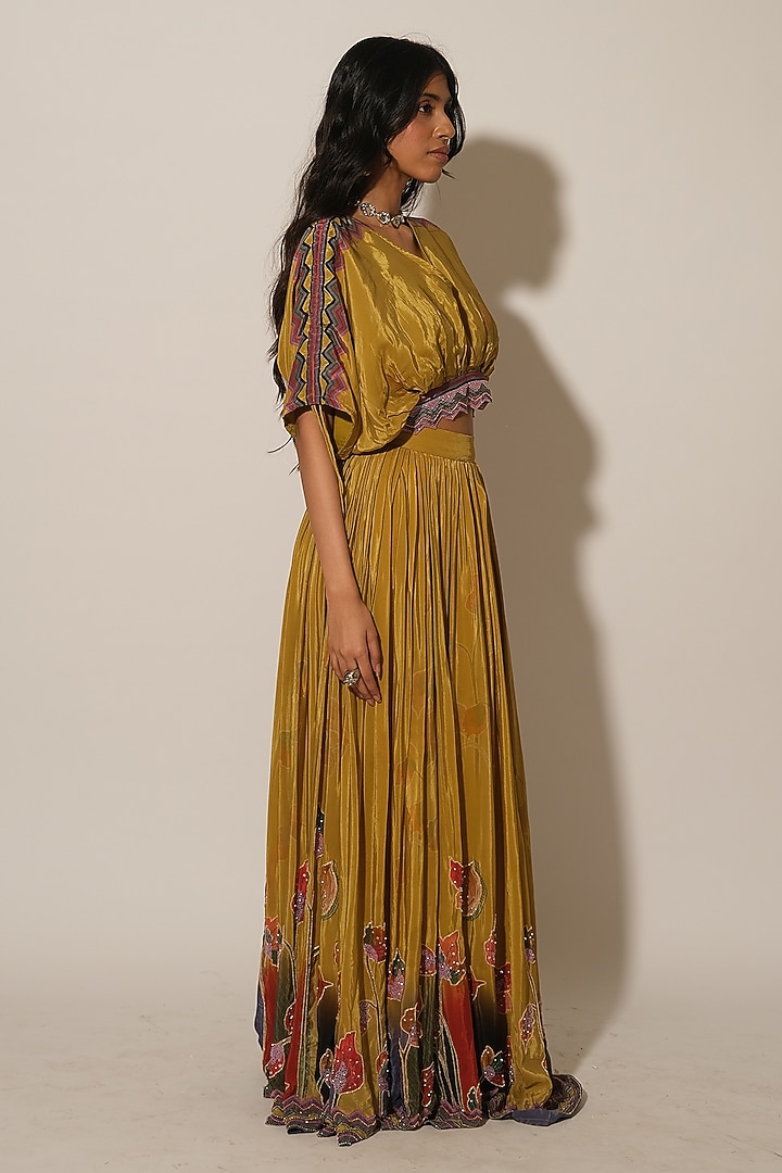 Mustard Viscose Crepe Wedding Lehenga Skirt by Esha L Amin at Pernia's Pop Up Shop
