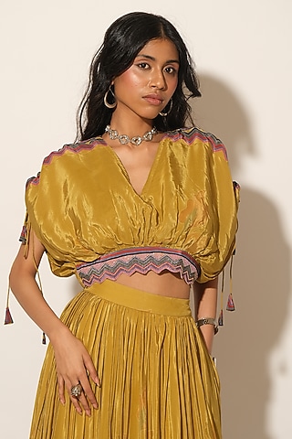 Mustard Viscose Crepe Drawstring Top by Esha L Amin