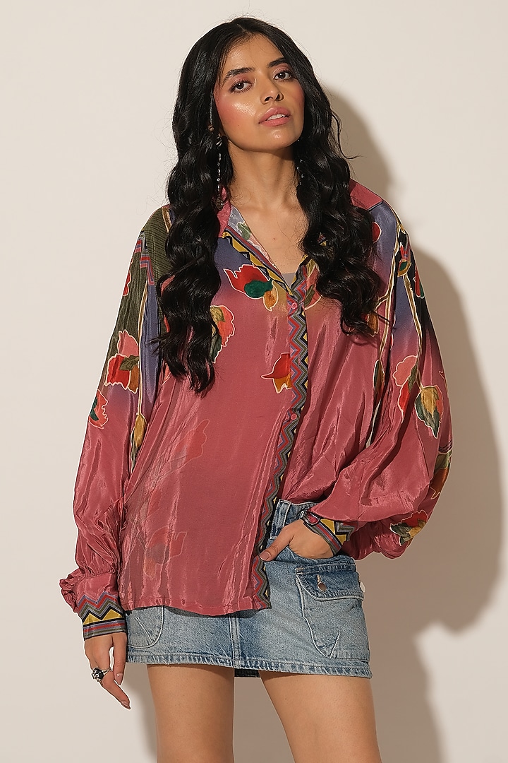 Pink Viscose Crepe Floral Shirt by Esha L Amin at Pernia's Pop Up Shop