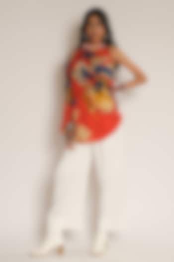 Red Viscose Crepe Floral Printed Drape Top by Esha L Amin at Pernia's Pop Up Shop