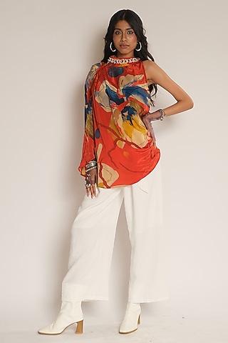 Red Viscose Crepe Floral Printed Drape Top by Esha L Amin