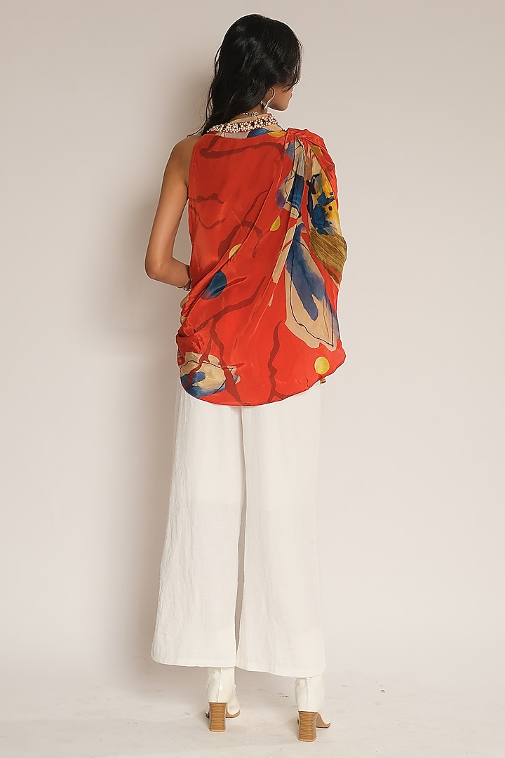 Red Viscose Crepe Floral Printed Drape Top by Esha L Amin at Pernia's Pop Up Shop