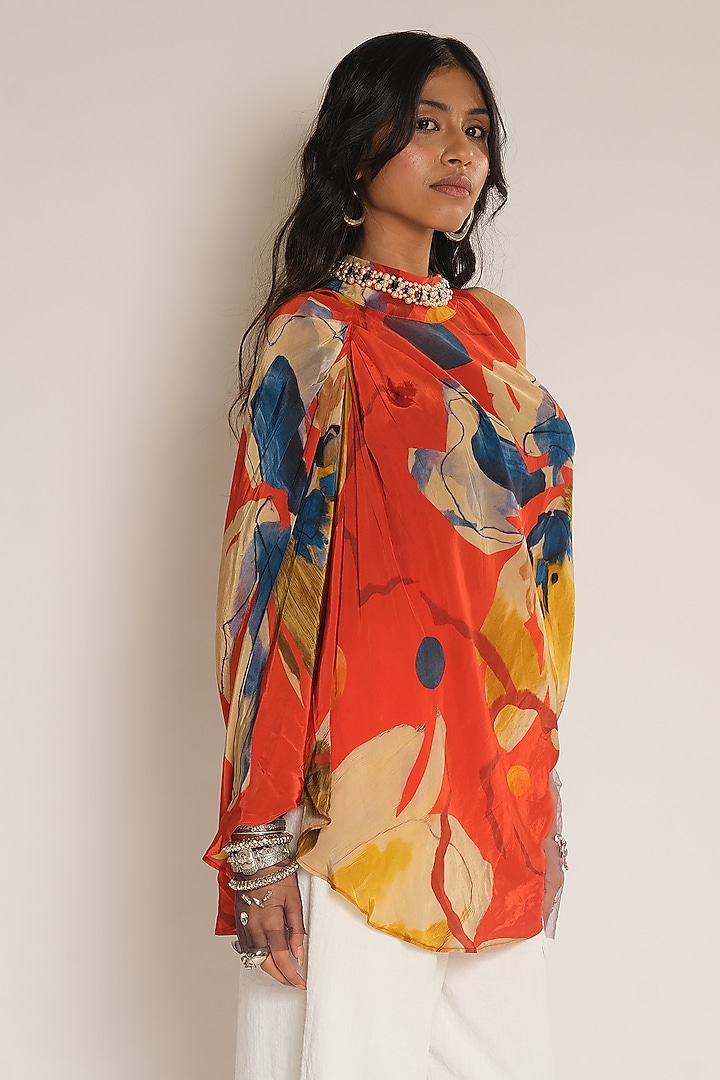 Red Viscose Crepe Floral Printed Drape Top by Esha L Amin at Pernia's Pop Up Shop