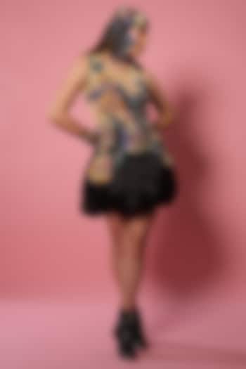 Black Viscose Crepe Floral Applique Balloon Party Wear Dress by Esha L Amin at Pernia's Pop Up Shop