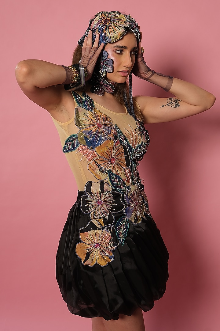 Black Viscose Crepe Floral Applique Balloon Party Wear Dress by Esha L Amin at Pernia's Pop Up Shop