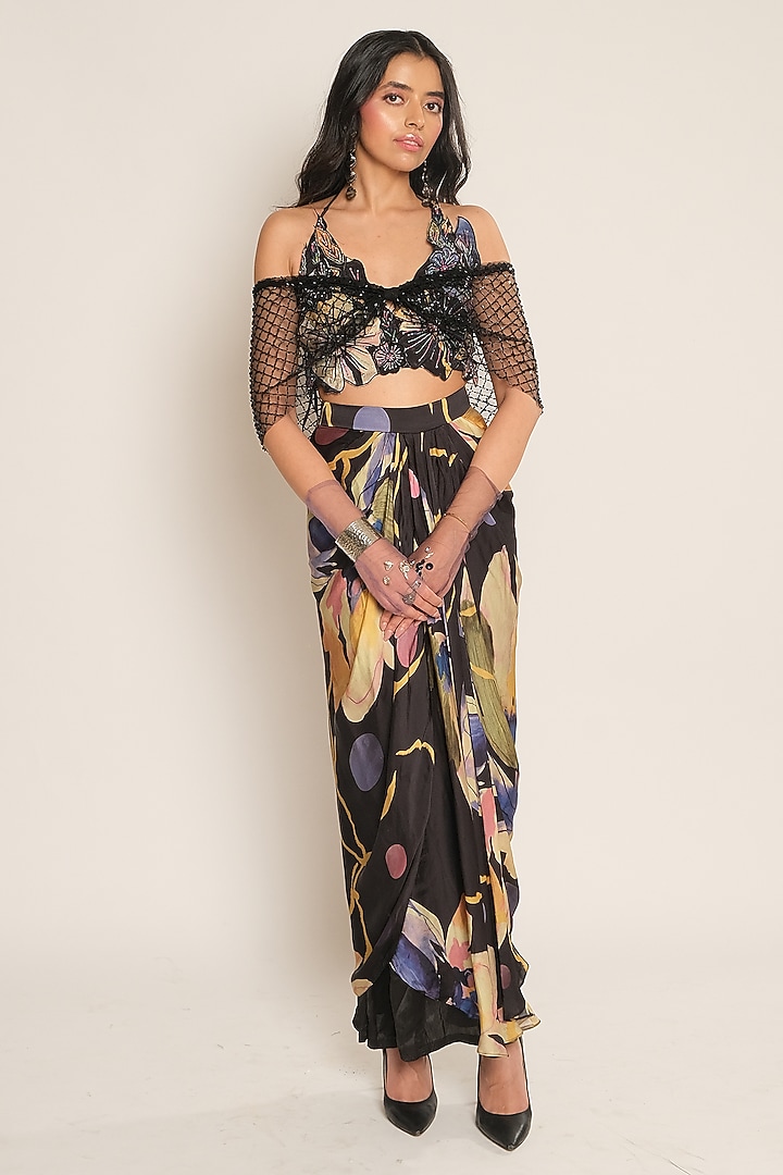 Black Viscose Crepe Floral Applique Bralette by Esha L Amin at Pernia's Pop Up Shop