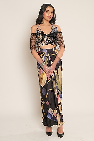 Black Viscose Crepe Floral Applique Bralette by Esha L Amin