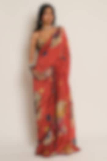 Red Glass Organza Floral Printed Pre-Draped Wedding Saree by Esha L Amin at Pernia's Pop Up Shop