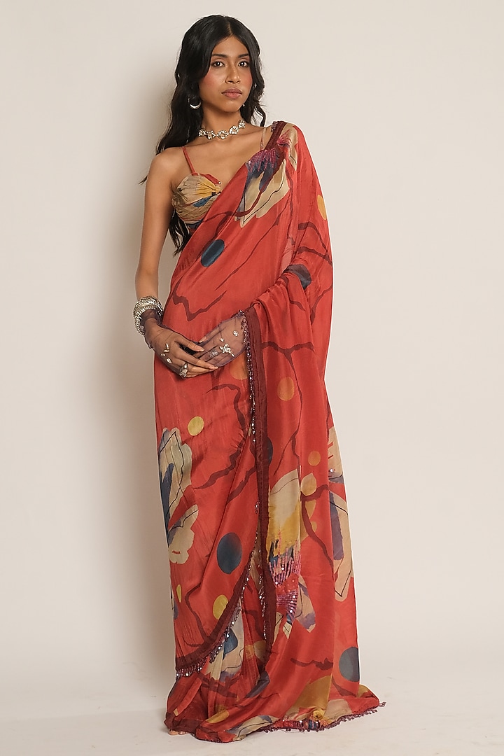 Red Glass Organza Floral Printed Pre-Draped Wedding Saree by Esha L Amin at Pernia's Pop Up Shop