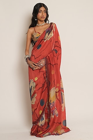 Red Glass Organza Floral Printed Pre-Draped Saree by Esha L Amin