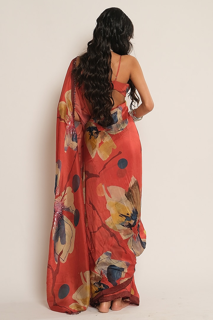 Red Glass Organza Floral Printed Pre-Draped Wedding Saree by Esha L Amin at Pernia's Pop Up Shop
