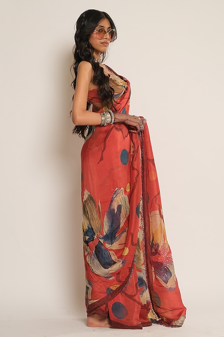 Red Glass Organza Floral Printed Pre-Draped Wedding Saree by Esha L Amin at Pernia's Pop Up Shop