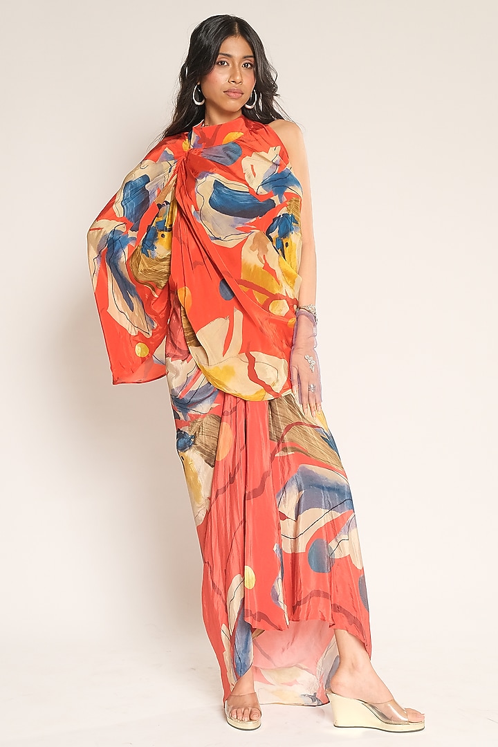 Red Viscose Crepe Halter Draped Top by Esha L Amin at Pernia's Pop Up Shop