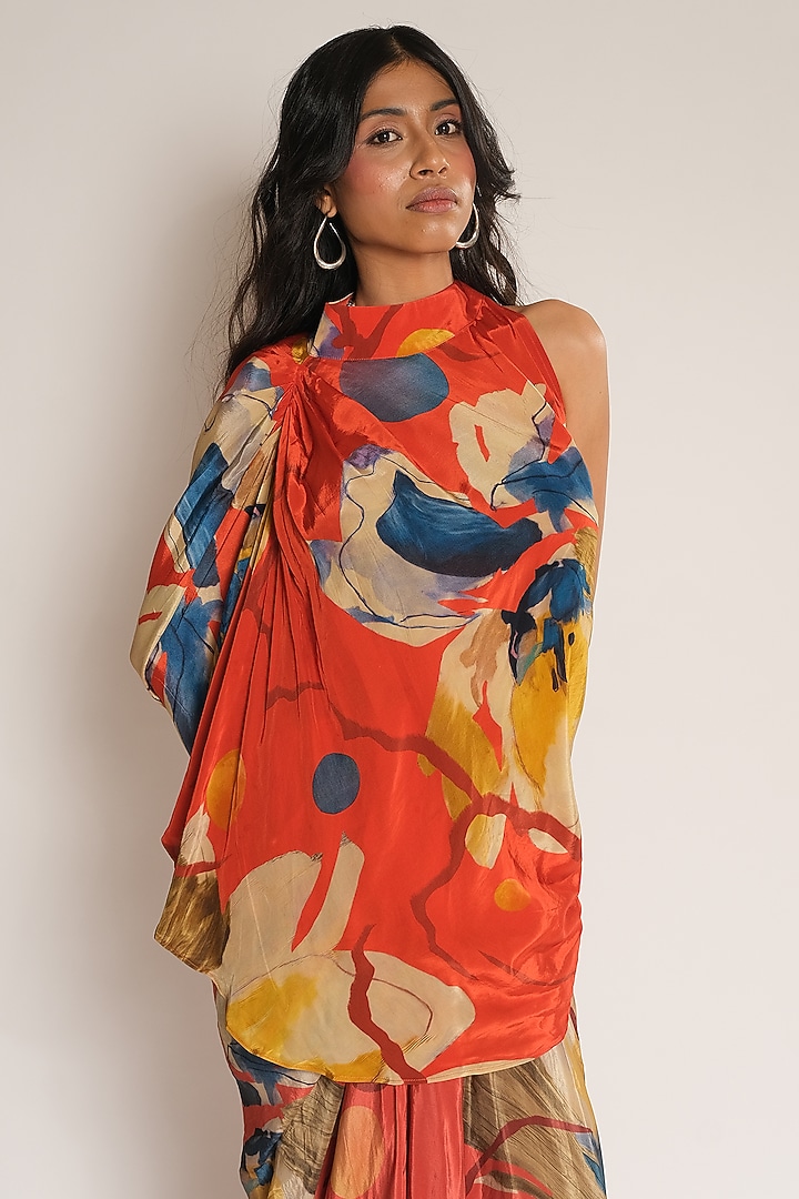 Red Viscose Crepe Halter Draped Top by Esha L Amin at Pernia's Pop Up Shop