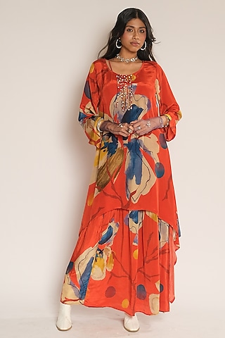 Red Viscose Crepe Floral Kurta by Esha L Amin