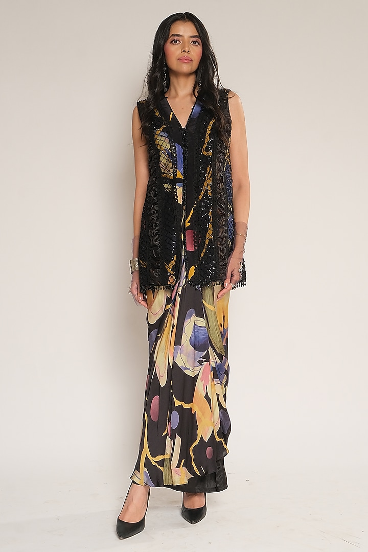 Black Viscose Crepe Sleeveless Embellished Jacket by Esha L Amin at Pernia's Pop Up Shop