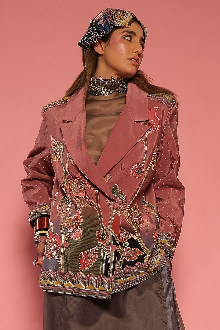 Onion Pink Viscose Crepe Embroidered Blazer by Esha L Amin at Pernia's Pop Up Shop