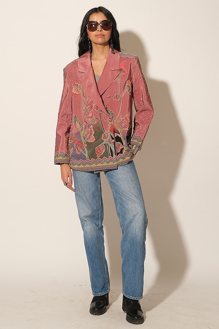 Onion Pink Viscose Crepe Embroidered Blazer by Esha L Amin at Pernia's Pop Up Shop