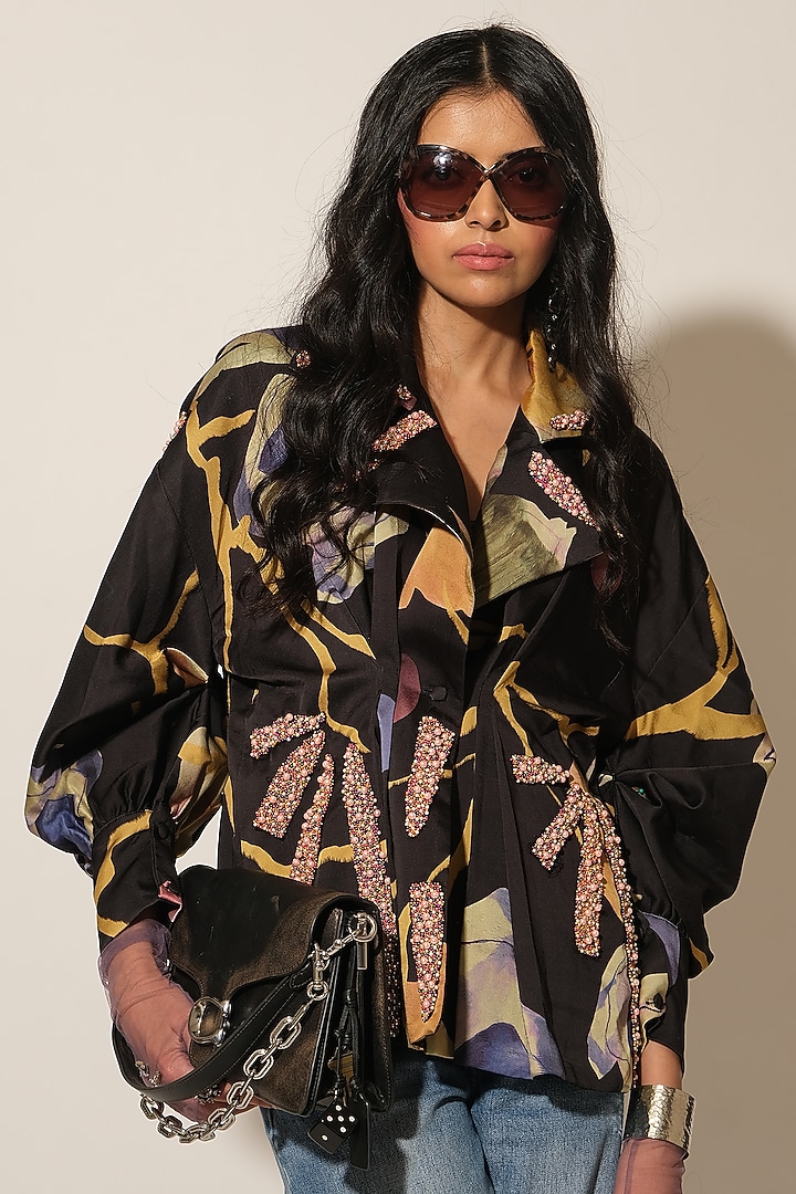 Black Viscose Crepe Embellished Jacket by Esha L Amin at Pernia's Pop Up Shop