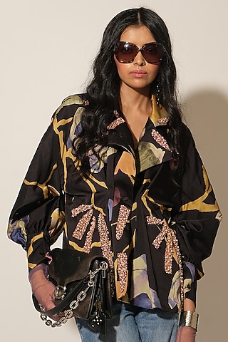 Black Viscose Crepe Embellished Jacket by Esha L Amin