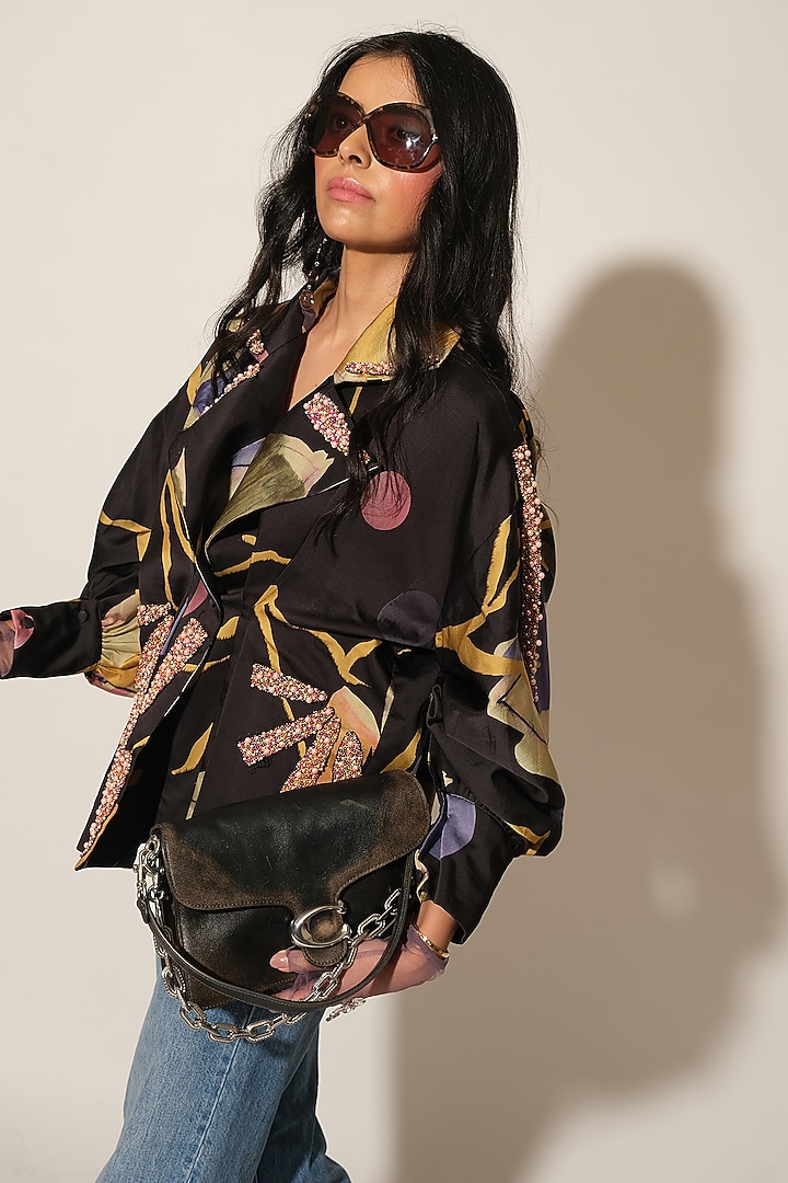 Black Viscose Crepe Embellished Jacket by Esha L Amin at Pernia's Pop Up Shop