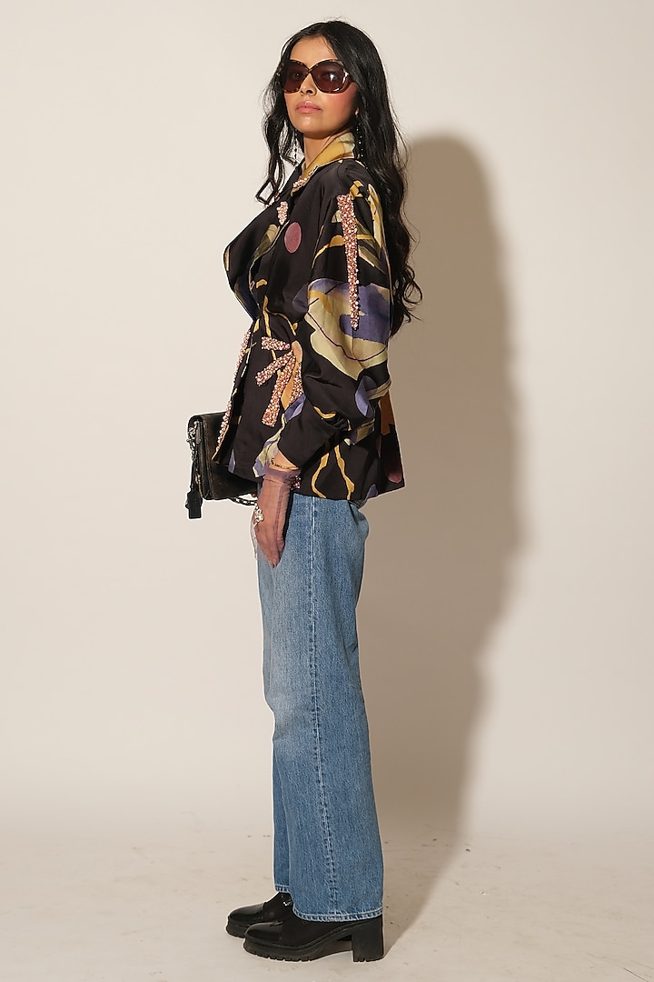 Black Viscose Crepe Embellished Jacket by Esha L Amin at Pernia's Pop Up Shop