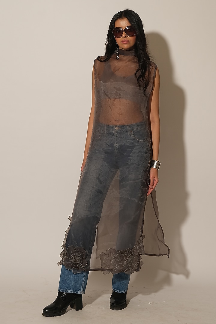 Black Organza Translucent Floral Kurta by Esha L Amin at Pernia's Pop Up Shop