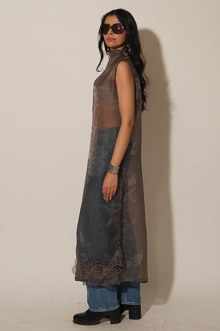 Black Organza Translucent Floral Kurta by Esha L Amin at Pernia's Pop Up Shop