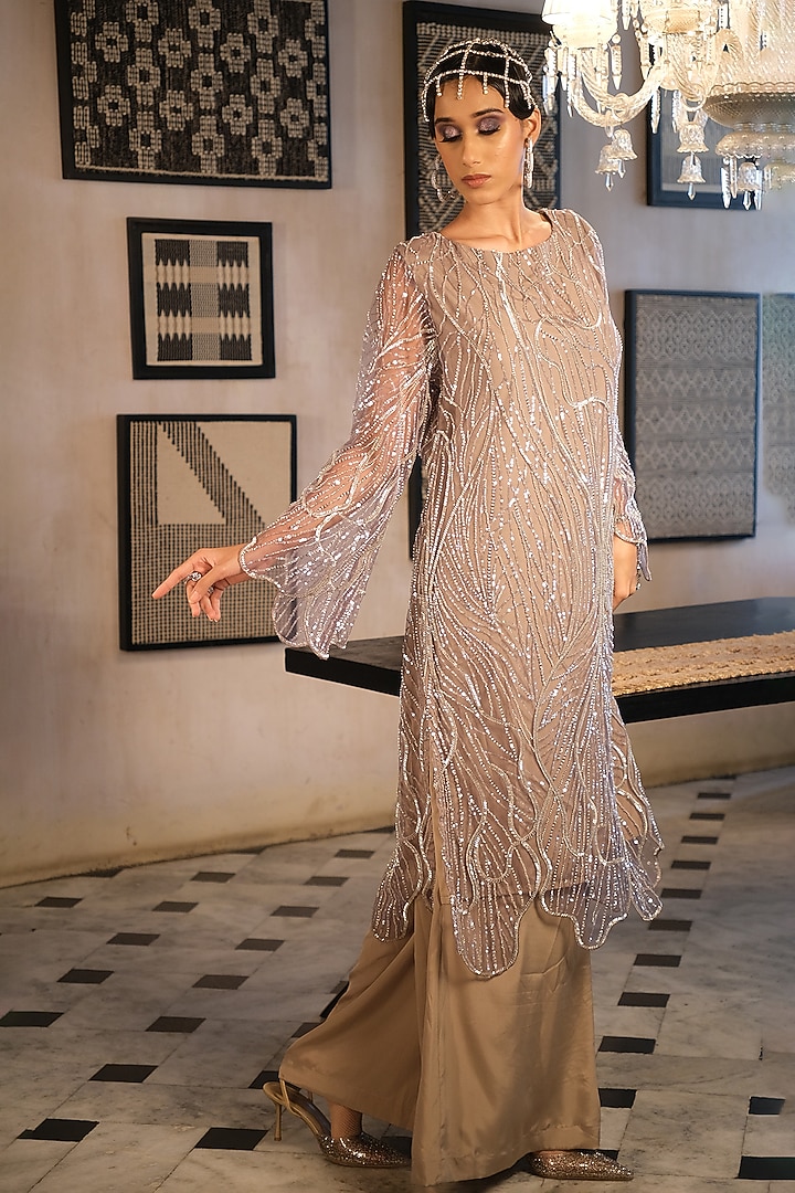 Nude French Crepe & Net Embroidered Kurta Set by Suda by Esha Amin at Pernia's Pop Up Shop