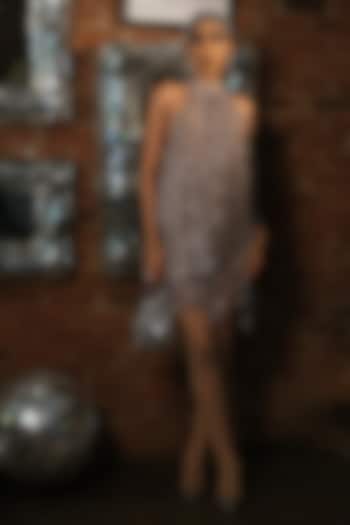 Nude French Crepe & Net Embroidered Mini Halter Cocktail Dress by Suda by Esha Amin at Pernia's Pop Up Shop