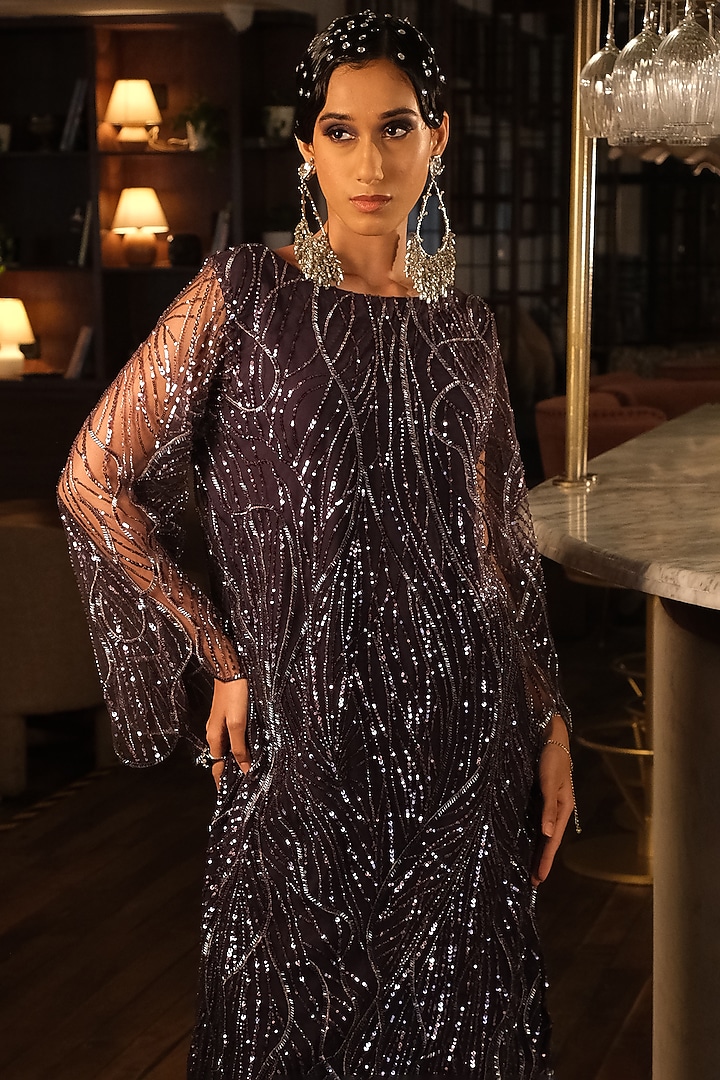Purple French Crepe & Net Embroidered Kurta Set by Suda by Esha Amin at Pernia's Pop Up Shop