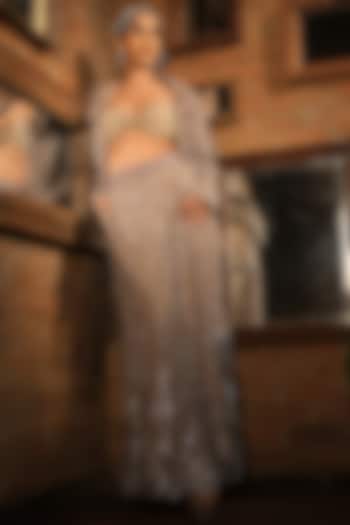 Nude French Crepe & Net Embroidered Blazer Set by Suda by Esha Amin at Pernia's Pop Up Shop