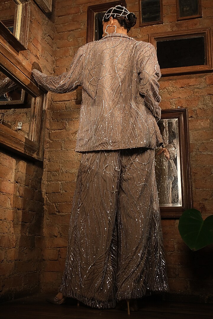 Nude French Crepe & Net Embroidered Blazer Set by Suda by Esha Amin at Pernia's Pop Up Shop